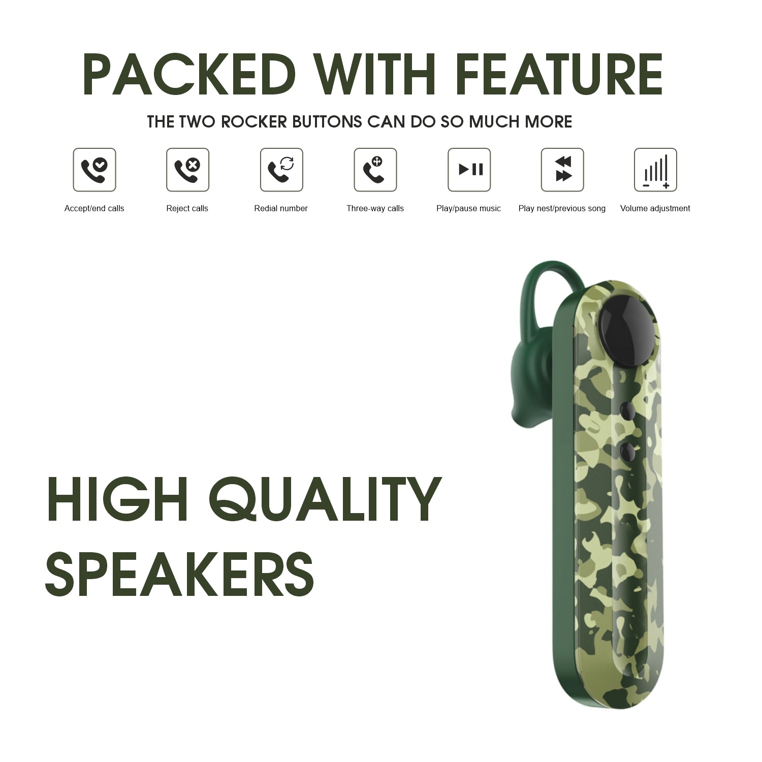 Candytech CT-88 Single True Wireless Earbudswith 300 Hours Playtime, HD Call Clarity, IPX4 Sweat Proof, 13mm Bass Drivers, and Type-C Fast Charging (Military),Camouflage