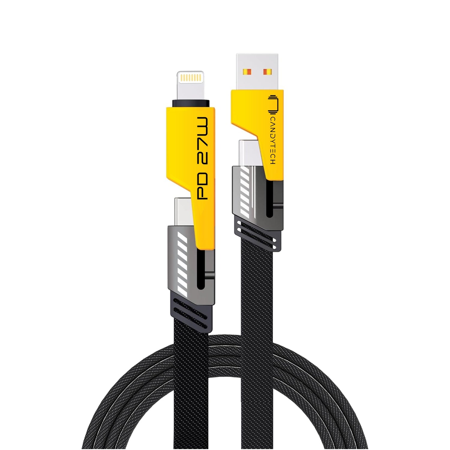 Candytech 65W 4 in 1 Multi Function Braided Fast Charging Cable with Lightning to USB-C, Type C-C, Ligthning to USB, Military Grade Durability, Compatible for iPhone, Samsung, Oneplus Series & More