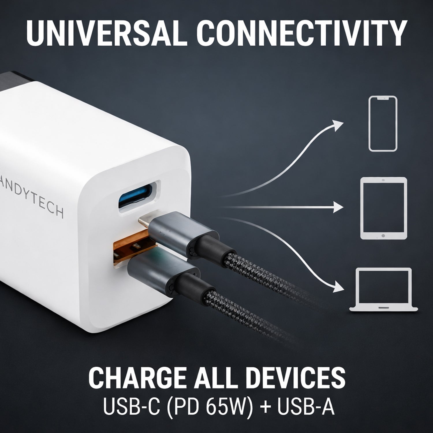 Candytech 65W Dual Port Fast Charger QC/PD, 2 in 1 USB & Type C Fast Charger Adapter for  iPhone 17/17 Air/17 Pro/17 Pro Max, 16/15/14/13/12 Series, Samsung and Android Devices